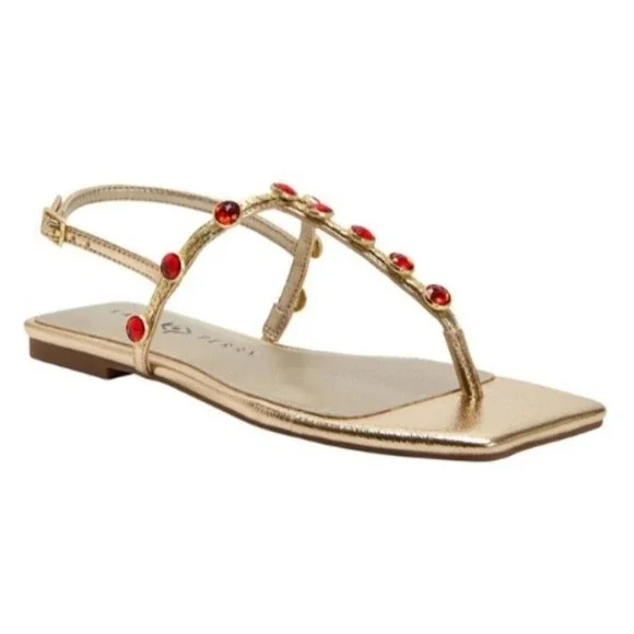 NIB Katy Perry The Camie Gemstone Sandal 5.5 Gold Red Jewels Square Toe Flat - Picture 7 of 11